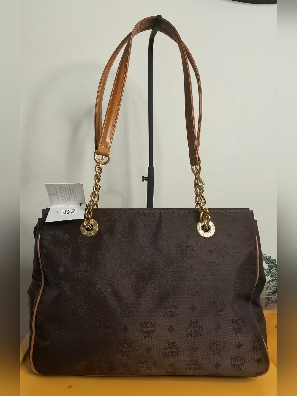 MCM Brown Logo Canvas Shoulder Tote with Gold Chain Handles - Picture 2 of 13